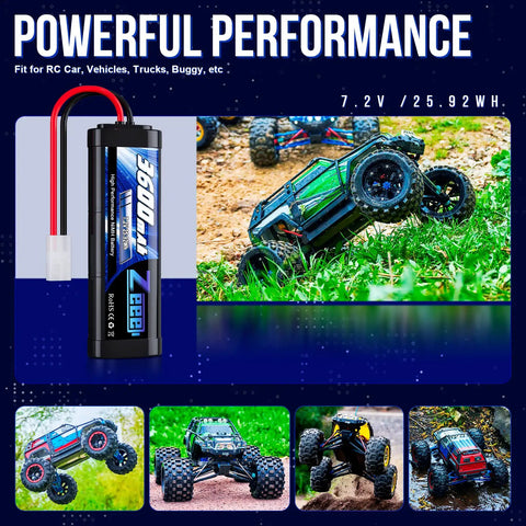 7.2V NiMH 3600mAh RC Battery with Tamiya Connector for RC cars and trucks, shown with vehicles on rugged terrain