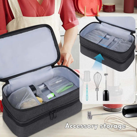 Solid Double Layer Hand Blender Storage Bag And Handy Mixer Transport Case For Kitchen Appliance Protection And Zero Drama Pantry Organization With Generous Padding And Heavy Duty Polyester, open with accessories stored.