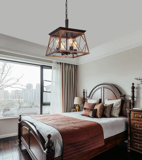 Farmhouse Rustic Square Chandelier Bronze And Black 4 Light Vintage Vibe Ceiling Light Fixture For Kitchen Dining Room Bar Entryway Foyer Living Room UL Listed hanging in a bedroom