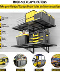 Wall-mounted storage rack with bins and boxes for garage, showcasing Heavy Duty Garage Wall Shelving Set 2-Pack 2x3ft Adjustable Metal Shelves