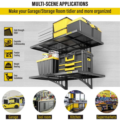 Wall-mounted storage rack with bins and boxes for garage, showcasing Heavy Duty Garage Wall Shelving Set 2-Pack 2x3ft Adjustable Metal Shelves