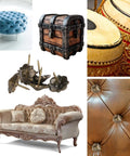 Top Shelf Heavy Rust Proof Vintage Upholstery Tacks 20 Piece Set Knockout Flower Design on a vintage styled sofa and decorative pieces.
