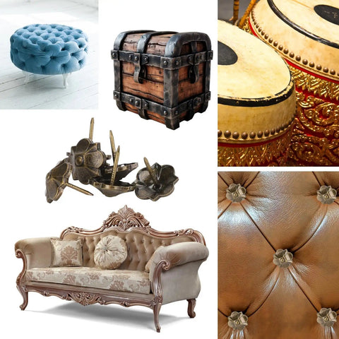 Top Shelf Heavy Rust Proof Vintage Upholstery Tacks 20 Piece Set Knockout Flower Design on a vintage styled sofa and decorative pieces.