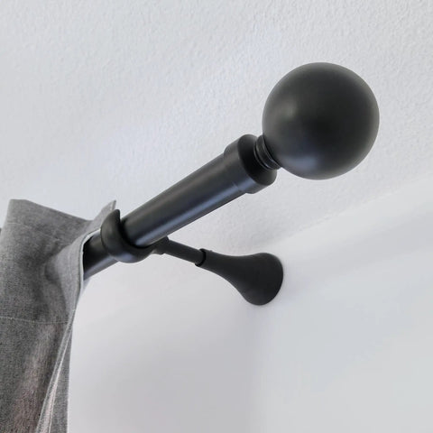 Beefy Heavy Duty Curtain Rod Brackets For Wall Mounts Extra Long 6 Inch Rod Holders For Heavy Curtains Fits Three Quarters To One Inch Rods 2 Pack Extended Wall Mount Brackets Black shown installed with grey curtains