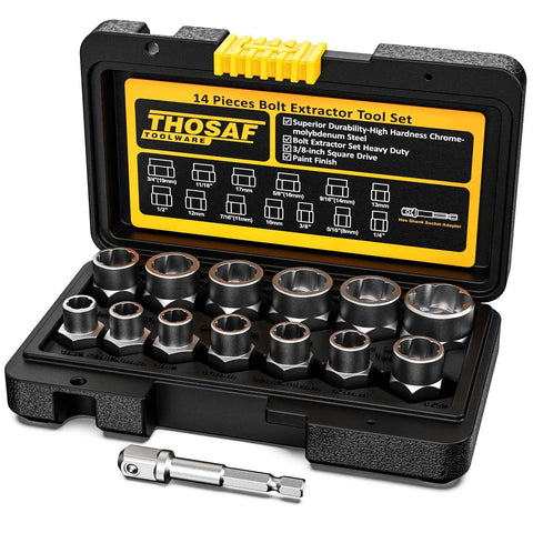Impact Bolt And Nut Remover Set Pro Grade Fourteen Piece Bolt Extractor Tool Kit in case, showing 13 removers and 3/8 inch drive