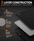 3 layer construction of Grill Game Booster No Scorch Bbq Grill Mat, featuring silicone surface, reinforced core, and non-slip backing.