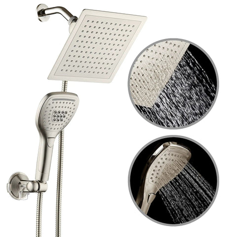 Ultra Luxury 9 Inch Rainfall Shower Head And Handheld Combo With Push Button Flow Control Satin Nickel Finish shown in use