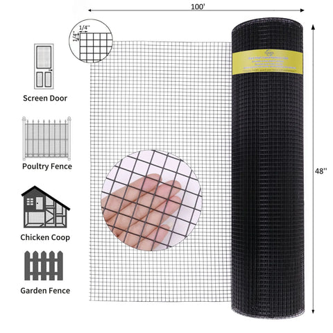 Hella Durable Black Pvc Coated Quarter Inch Hardware Cloth 48 X 100 Feet displayed with finger for size reference and roll view.