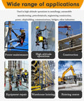 Top Shelf Heavy Duty Self Retracting Lifeline 65 Foot Fall Arrester Built Like A Tank For Industrial Work At Height Featuring Dual Disc Brakes And Rock Solid Alloy Steel Hook For Reliable Fall Protection images of varied industrial applications including power maintenance and construction.