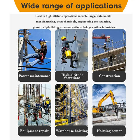 Image depicting the Hardcore Industrial Fall Arrest Self Retracting Lifeline With A Badass Alloy Steel Hook 98 Ft Bulletproof Cable Rock Solid 750 Pound Rating For Jobsite Crews in various high-altitude applications.