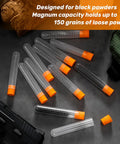 10 Pack Charge Tubes For Precision Quick Reloads Black Powder Accessories on dark surface with orange caps.
