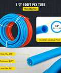 Non Oxygen Barrier PEX B Pipe 1/2 Inch Flexible Tubing 100 Ft Red And Blue with dimensions and close-up detail shown.