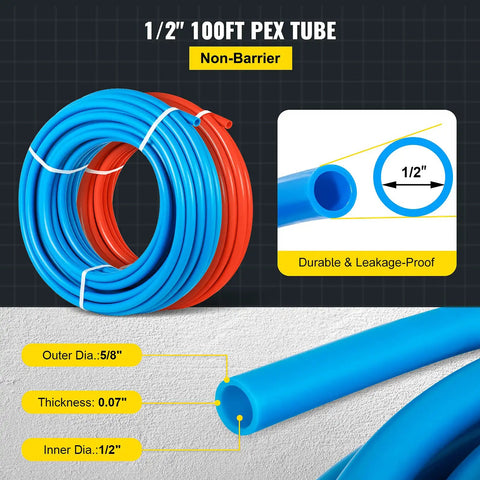 Non Oxygen Barrier PEX B Pipe 1/2 Inch Flexible Tubing 100 Ft Red And Blue with dimensions and close-up detail shown.
