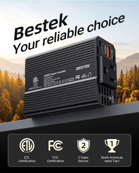 Heavy Duty 200W Car Power Inverter 12V To 120V AC showing USB ports and certifications, ideal for powering devices on the go.
