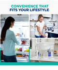 Lead Reducing Water Filter Dispenser With WQA Certified Filter And 30 Cup Capacity shown in kitchen and fridge use scenarios