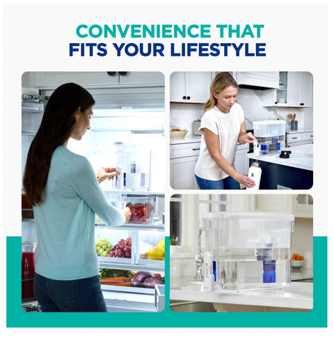 Lead Reducing Water Filter Dispenser With WQA Certified Filter And 30 Cup Capacity shown in kitchen and fridge use scenarios
