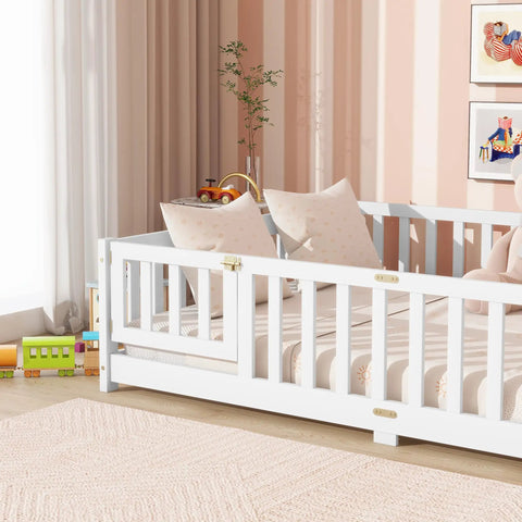 Full Size Floor Bed With Fence And Door For Toddlers And Kids, Safe Guardrails, Wooden Platform Bed in a cozy nursery room