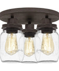 3-Light Textured Black Flush Mount With Faux Mahogany Wood Accents, Clear Glass Mason Jar Shade With Dope Rustic Lid, Ceiling View