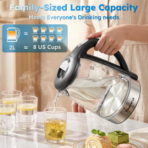 Clear Glass Electric Kettle 2L Fast Boil With Auto Shut Off Boil Dry Protection BPA Free Stainless Steel Lid And Base