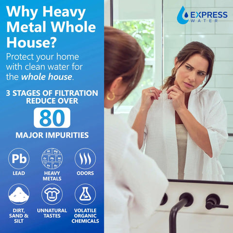 Woman inspecting her hair in a bathroom mirror with Express Water filtration system promoting Hella Good On Demand Tankless Water Heater Paired With A Three Stage Whole House Filtration System For Heavy Metal Removal Total Space Saving Setup Built Right.
