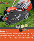 Beefed Up Steering Sector And Pinion Gear With Bushings Replacement for John Deere tractors, metal steering gear displayed with lawnmower.