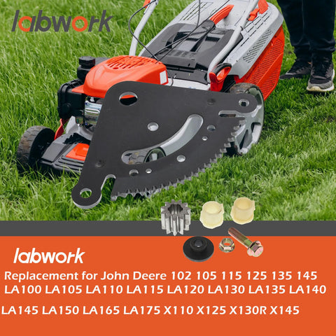 Beefed Up Steering Sector And Pinion Gear With Bushings Replacement for John Deere tractors, metal steering gear displayed with lawnmower.