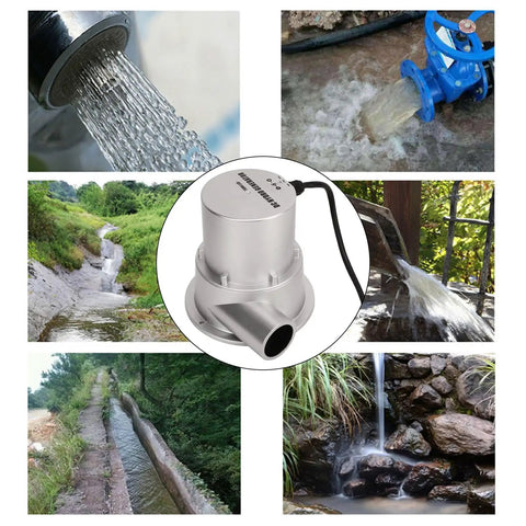 Collage of flowing water sources and Off Grid Hydro Generator 100W Water Turbine With Permanent Magnet Brushless Motor