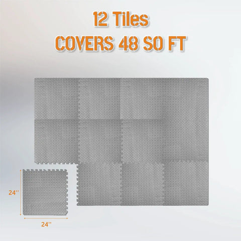 Interlocking EVA Foam Floor Tiles 24x24 Inch 0.4 Inch Thick Gym Flooring For Home Gyms Garages And Basements 12 Pack Covers 48 Square Feet Shock Absorbing Easy Snap Together Install showing 12 assembled tiles.