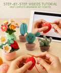 Beginner Crochet Plant Kit No Water Mini Succulent Garden With Five Amigurumi Plants DIY Crochet Starter Kit With Video Tutorial Yarn Pots For Adorable Desk Decor And Gift with hands crafting a red crochet plant.