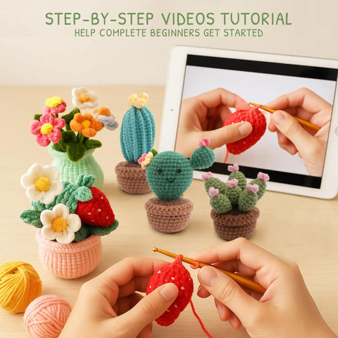 Beginner Crochet Plant Kit No Water Mini Succulent Garden With Five Amigurumi Plants DIY Crochet Starter Kit With Video Tutorial Yarn Pots For Adorable Desk Decor And Gift with hands crafting a red crochet plant.
