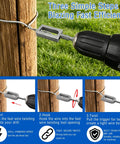 Heavy Duty Drill Powered Wire Twister With 1/4 Hex Shank shows steps for quick fence wire installation and secure binding.