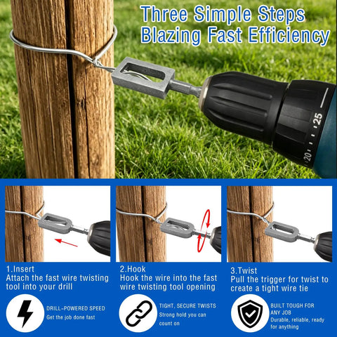 Heavy Duty Drill Powered Wire Twister With 1/4 Hex Shank shows steps for quick fence wire installation and secure binding.
