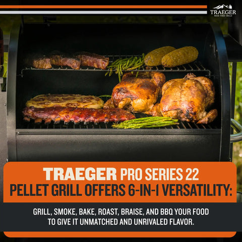 Pro 22 Wood Pellet Grill And Smoker With 6 In 1 Versatility For Grillin Smoking Baking Roasting Braising And BBQ 572 Sq In Cooking Space Meat Probe 450 Degree Max 18Lb Hopper Bronze Finish, showing grilled meat and vegetables