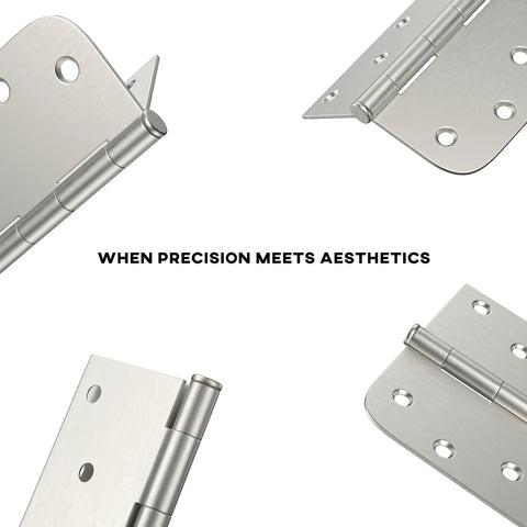 Close-up of Three Pack Satin Nickel Door Hinges 4 Inch By 4 Inch Iron Hinges With Square And Round Corners in satin finish.