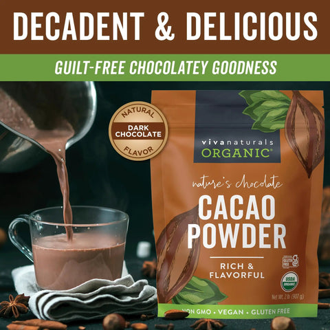 Package of Totally Rich Dark Cacao Powder Unsweetened 2 Lb For Baking Smoothies And Hot Chocolate next to poured drink