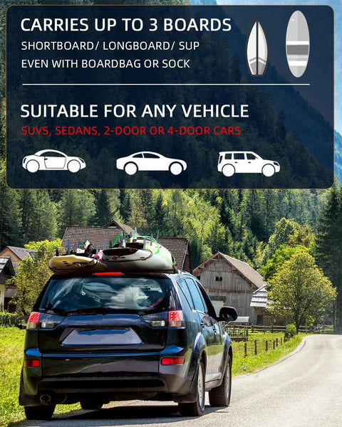 Car with loaded Soft Roof Rack Pad Kit Dope For Surfboard Kayak And Canoe With 2 Tie Down Straps 2 Ropes Hood Loops And Storage Bag