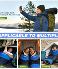 Go-To Lightweight 3-Season Sleeping Bag For Adults With Waterproof Shell in use for hiking, car, indoor, and camping scenarios