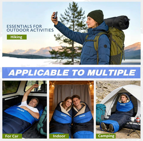Go-To Lightweight 3-Season Sleeping Bag For Adults With Waterproof Shell in use for hiking, car, indoor, and camping scenarios