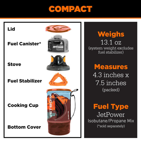 Exploded view of Flash 1.0L Portable Fast Boil Stove For Camping And Backpacking with components and measurements.