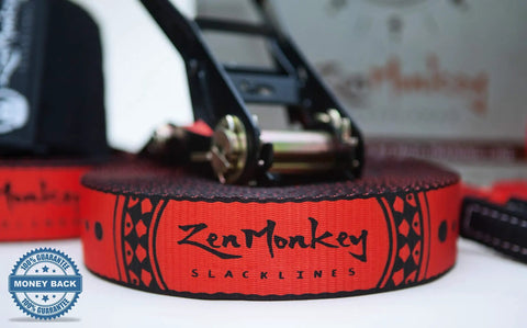 Zen Monkey slackline and ratchet, part of the Slackline Kit With Overhead Training Line, Arm Trainer, Tree Protectors, Cloth Carry Bag And Easy Setup Instructions, 60 Foot Family Friendly Slackline Set For Kids And Adults Fun For The Fam