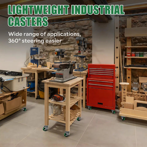 Built Tough 3 Inch Polyurethane Heavy Duty Casters Roll Smooth Swivel Wheels Hold 700 Lbs on utility cart in workshop.
