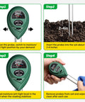 Steps showing how to use 3-In-1 Soil Moisture, PH, And Sunlight Tester for indoor outdoor gardening. Battery free and easy operation.