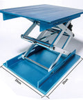 8x8 Inch Aluminum Oxide Lift Table Lab Stand Lifter With Scissor Jack Platform Heavy Duty 110 Lb Capacity Adjustable Height From About 2 To 12 Inches Ideal For Bench Work And Small Part Handling, blue scissor jack and size measurements visible
