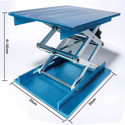 8x8 Inch Aluminum Oxide Lift Table Lab Stand Lifter With Scissor Jack Platform Heavy Duty 110 Lb Capacity Adjustable Height From About 2 To 12 Inches Ideal For Bench Work And Small Part Handling, blue scissor jack and size measurements visible