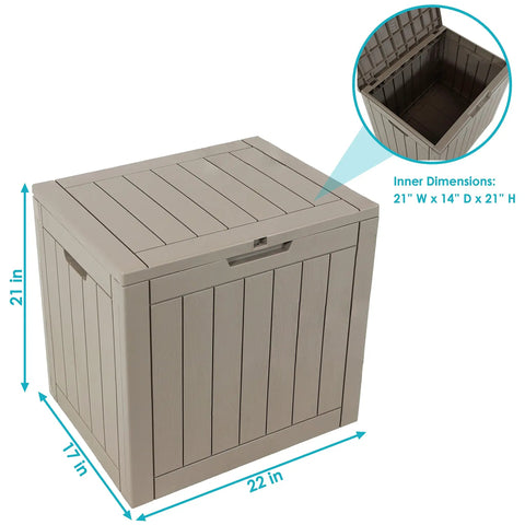 Lockable Outdoor Deck Box For Patio Storage Weather Resistant 32 Gallon Faux Plank Driftwood Finish with lid open