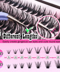 Close-up of Lash Extension Kit With 280 Mink Like Cluster Lashes D Curl Volume 9 To 16 Mm 40D 50D showing 7 different lengths.