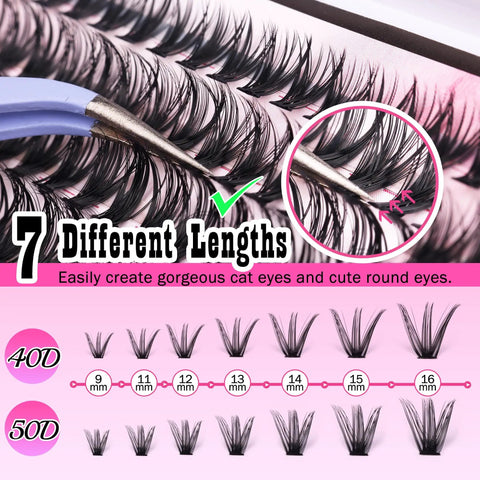 Close-up of Lash Extension Kit With 280 Mink Like Cluster Lashes D Curl Volume 9 To 16 Mm 40D 50D showing 7 different lengths.