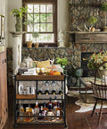 Bar cart with wood tabletop and black metal frame; 3-tier storage, wine rack, glass holders, on caster wheels