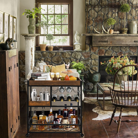 Bar cart with wood tabletop and black metal frame; 3-tier storage, wine rack, glass holders, on caster wheels
