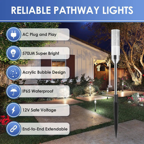 Outdoor Pathway Light Set With 570 Lumen LED Lights 6 Pack Plug In 12V Low Voltage Landscape Lighting Extendable IP65 Waterproof Garden Lights For Patio Yard And Walkway Cool White 6000K displayed with features in yard at night